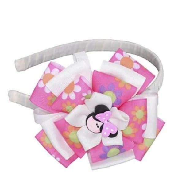 Girl's Headband Flower Design Fuchsia & White with Minnie Mouse Charm - Picture 2 of 2